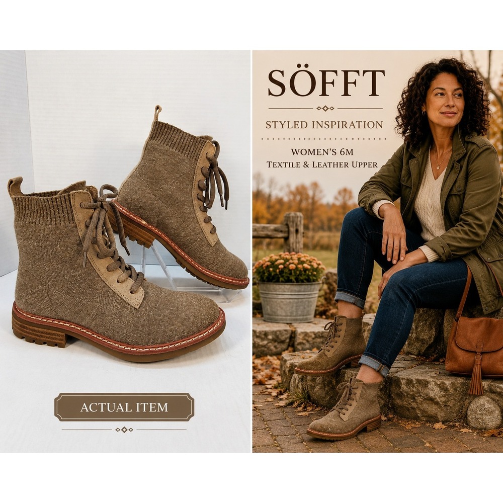 Sofft Combat Boots Women 6M Brown Excellent Leather Knit Lug Sole SF0036900